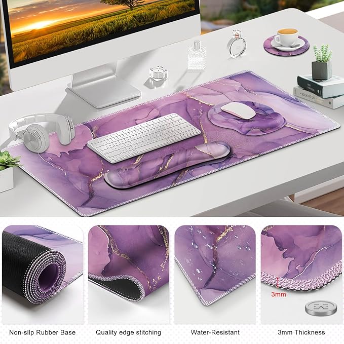 ToLuLu Desk Mat, XXL Large Mouse Pad Wrist Support Set，4 in1 Gaming Mousepad Desk Pad+ Ergonomic Mouse Pad with Wrist Rest + Keyboard Wrist Rest+Coaster for Women Home Office Computer, Purple Marble
