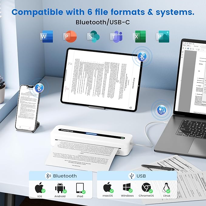 Phomemo Portable Thermal Printer, Bluetooth Inkless Portable Printers Wireless for Travel, Support 8.5''x11'' US Letter & A4, Small Compact Mobile Printer for Phone Laptop, for Office School Home Use