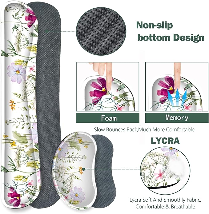 ARTSO Gaming Mouse Pad Wrist Support Set, XXL Large Desk Mat Mousepad + Keyboard Wrist Support+ Mouse Wrist Rest+Coaster 4in1 Ergonomic, Memory Foam for Home Office -White Flowers Plants