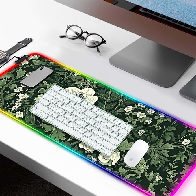 RGB Green Plant Wildflower Gaming Desk Mat, Computer Keyboard Large Extended Long Floral LED Mouse Pad for Office and Home, XL (W26)