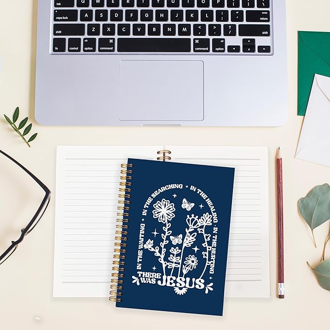 BearCake Boho Floral Christian Notebook Journal, Christian Gifts for Women, Bible Notebooks for Note Taking, Bible Journaling Notebook, There Was Jesus Hardcover Spiral Notebook 5.5x8.3 Navy Blue