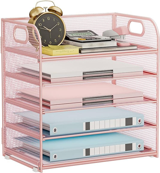 Paper Organizer for Desk Organizers and Accessories for Office 5 Tier Letter Tray Storage with Handle Mesh Desktop Paper Holder for School- Pink