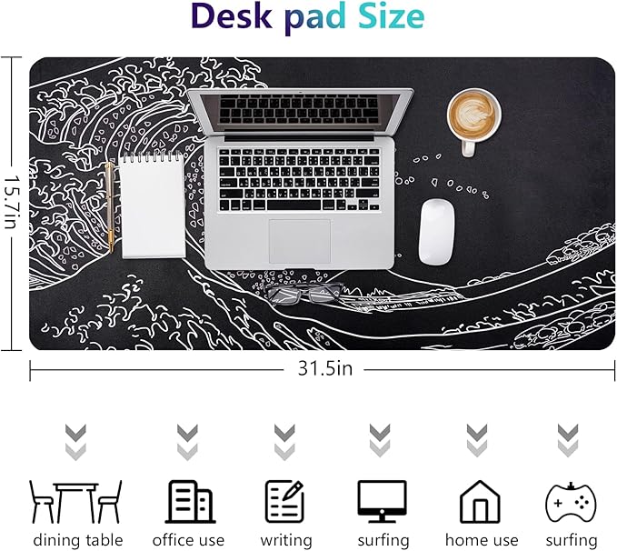 Desk Mat, Desk Pad Dual Sided Desktop Mat for Office and Home,Desk Organization and Accessories - Ideal for Large Mouse Pad and Desk Mats on Top of Desks (Black Sea Wave 31.5"x 15.7")