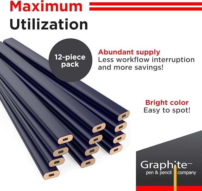 GRAPHITE Hard Lead Carpenter Pencil #2 Lumber Pencil (1) Pack of 12 PCS - Industrial Pencil Wood Flooring Marker for Wood Working Tools Marking & Concrete Marking - Blue