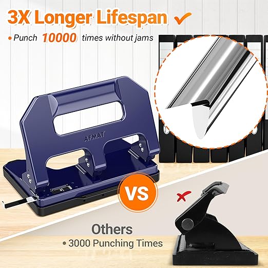 AFMAT HPX1 Heavy Duty 3 Hole Punch, 3 Hole Puncher for Binder, 40-Sheet Three Hole Punch w/ 10000+ Uses, Metal Hole Puncher 3 Ring, 50% Reduced Effort, Bulit-in S.S. Paper Guide (Blue)