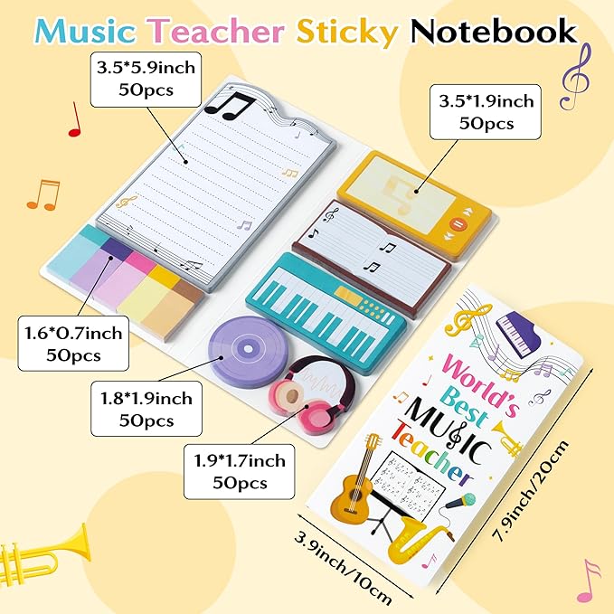 B1ykin Sticky Notes Set, Cartoon Theme Cute Self-Stick Notes Pad Teacher Appreciation Gifts， Self-Adhesive Writing Memo Pages Sticky to Do Notepad Thank You Gift for School Classroom (Music Teacher)