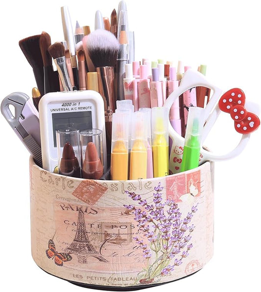 360° Rotate Desk Pen Organizer, Makeup Brush Holder Organizer, Makeup Organizers Countertop, TV Remote Control Holder,Leather Remote Caddy,Dual-Purpose Art Supply Pencil Cup (Lavender)