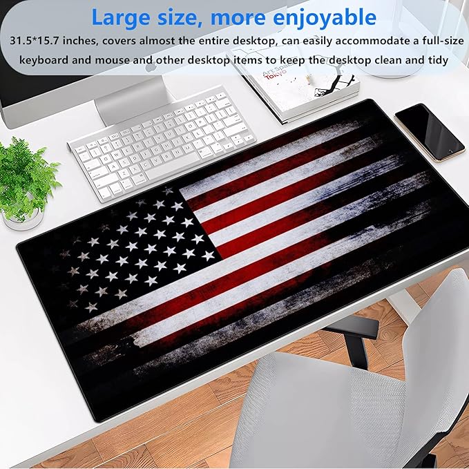 American Flag Desk Pad Mat Retro Design Art Desk Pad Extended XL Large Gaming Mouse Pad with Stitched Edges Mouse and Keyboard Computer Laptop Desktop Pad 31.5X15.7 in