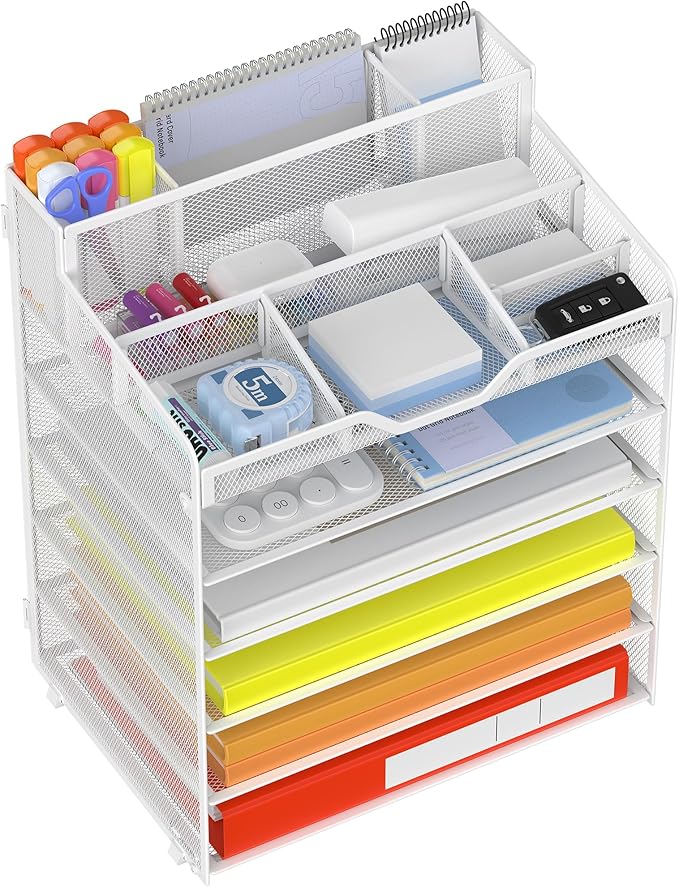 Docnest 6 Tier Mesh Desk Organizer for Paper Office Supplies – Multi-Functional Letter Tray with 5 Adjustable Compartments, 3 Pen Holders, Desktop Storage for Files, Mail, Stationery – White