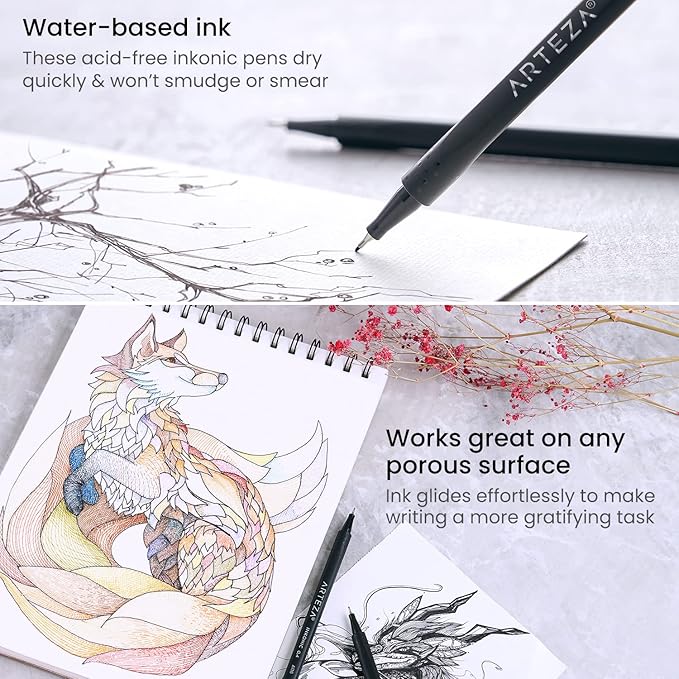 ARTEZA Inkonic Fineliners Pens, Set of 72, 0.4 mm Fine Tip Markers, Water-Based Art Pens for Drawing, Sketching, Journaling, Calligraphy