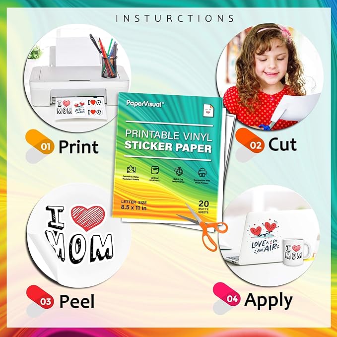 Premium Printable Vinyl Sticker Paper for Inkjet and Laser Printer - 20 White Matte Sticker Paper Waterproof - Excellent Adhesion Paper 8.5 x 11, Fast Dry, Holds Ink Well, Great for Cutting Machines