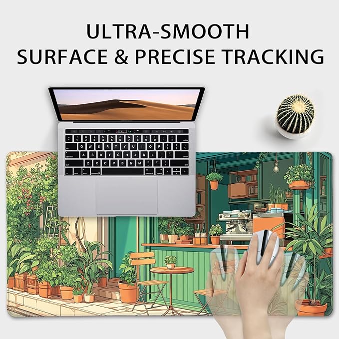 Japanese Coffee Shop Large Gaming Mouse Pad 31.5"x15.7"｜ Green Plant XXL Desk Mat, Non-Slip Rubber Base & Stitched Edges - Extended Waterproof Mousepad for PC/Laptop/Office/Home Decor