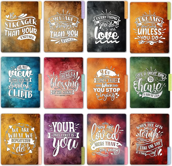 PARTH IMPEX 12 Pack Decorative File Folders, 1/3 Cut Tab with Assorted Positions, Letter Size Paper Holders (9.37” x 11.75”) Matte Finish Laminated for Office School Work - Inspirational Quotes Design