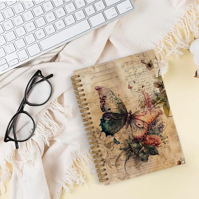 Vintage Butterfly Spiral Notebook, Butterfly Journal, Butterfly Notebook, Butterfly Notebooks for School, Butterfly Floral Office Supplies Gifts for Women Girls Coworkers, 5.5x8.3 Inch