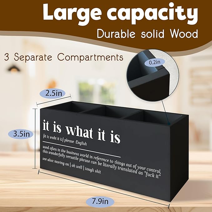 Funny Office Black Desk Pen Holder, It Is What It Is Funny Gifts for Coworkers Funny Signs Wooden Pencil Holder Decor for Office Bathroom Shelves Boos Desk Accessories