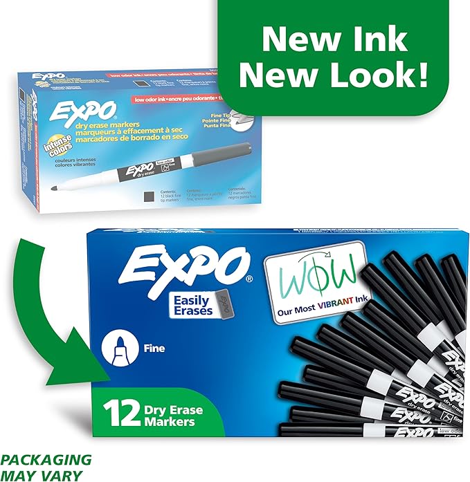 EXPO Dry Erase Markers, Low Odor Ink, Black, Fine Tip, 12 Count - Easily Erases, Vibrant Ink, Ideal for Classroom, Back to School Supplies, Teachers, Office, Whiteboard & Home