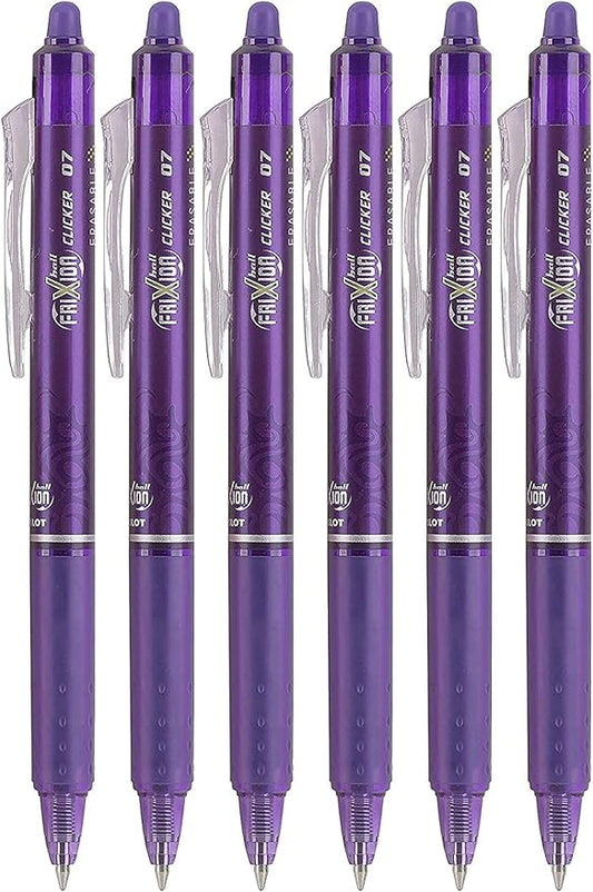 Pilot FriXion Clicker 0.7mm, Erasable Gel Pens, Fine Point, Purple Ink, Pack Of 6