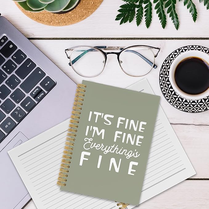 XPH Funny Green Spiral Notebook, It's Fine I'm Everything Is Fine Journaling Notebooks for Women Men, Humorous Hardcover Journals for Office 160 Pages 5.5 x 8.3 Inch, Sarcastic Gifts for Coworkers