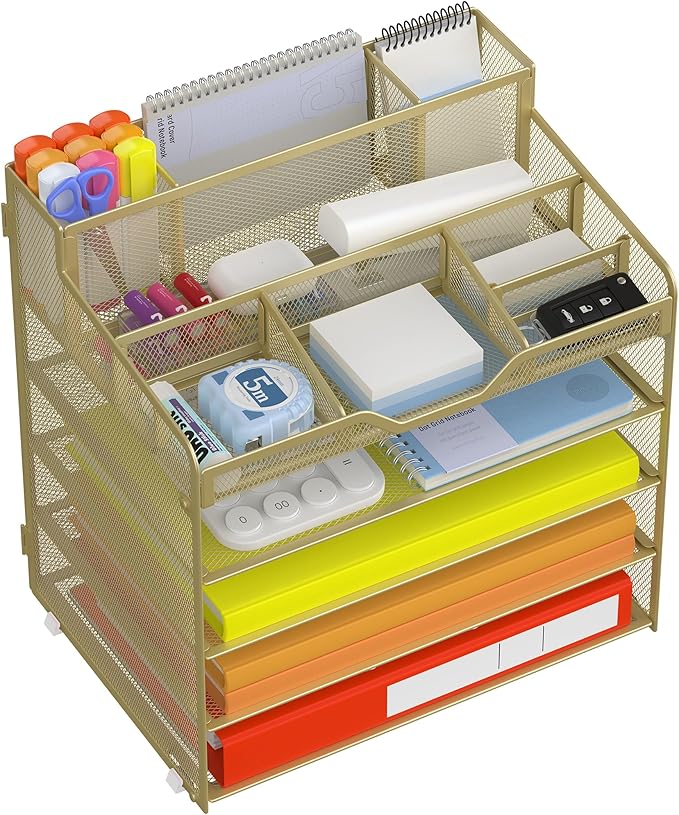 Docnest 5 Tier Mesh Desk Organizer for Paper Office Supplies – Multi-Functional Letter Tray with 5 Adjustable Compartments, 3 Pen Holders, Desktop Storage for Files, Mail, Stationery – Gold Yellow