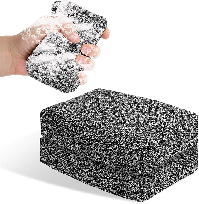 Heavy Duty Kitchen Sponge - Lasts 20x Longer, Non Scratch & Heat Resistant Forever Sponge for Non-Stick Cookware, Cut Resistant Versatile Cleaning Supplies for Home Bathroom (2 Pack, Grey)