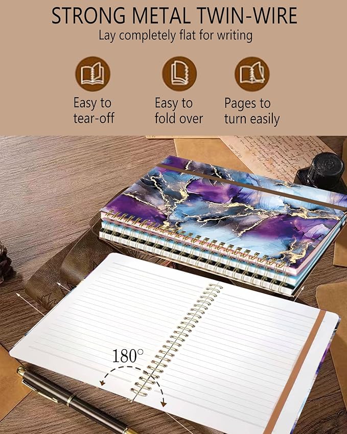 Spiral Journal Notebook, A5 Cute Notebooks for Women Men, College Ruled Hardcover Notebook for Work & Note Taking, 60 Pages Double-Wire Journals for Writing, Luxury Purple Marble