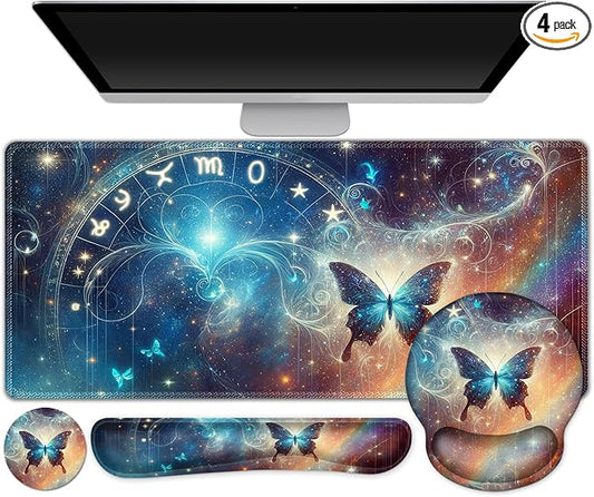 AIMSA Keyboard Mouse Pad Wrist Rest Set, Large Gaming Mouse Desk Pad with Wrist Support Ergonomic Design, 4 in 1 Mousepad for Home Office, Starry Sky Butterfly