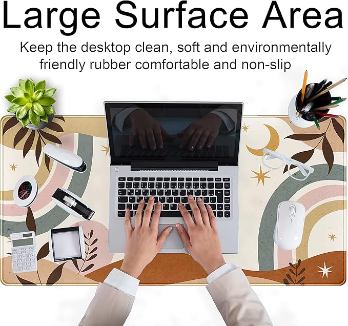 Boho Desk Mat, Abstract Retro Plant Large Mouse Pad, XXL Gaming Large Mousepad 31.5x15.7 in, Brown Grey Boho Aesthetic Desk Pad for Women Office Decor Laptop Keyboard Mouse Mat