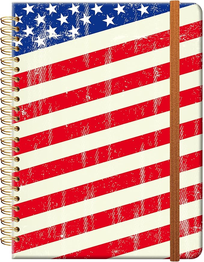 Ruled Spiral Writing Notebook,A5 Hardcover Lined College Journal for Women,Strong Twin-Wire Binding with Premium Paper,8.4" X 6",Perfect for School,Office,Home(Retro American Flag)