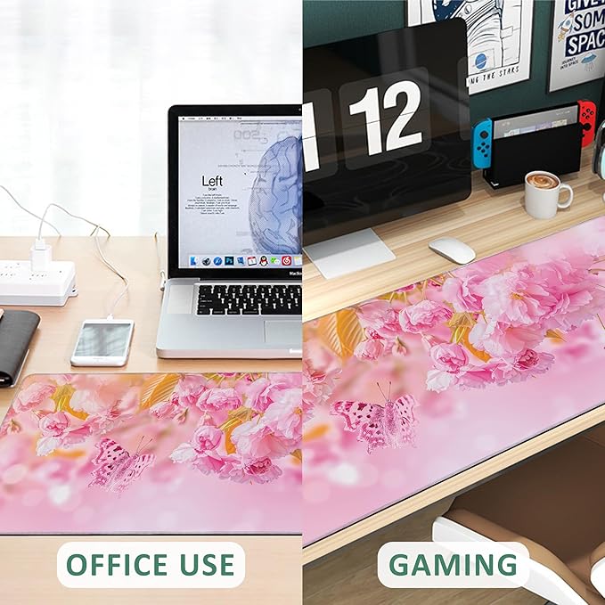Large Mouse Pad Cherry Blossom Butterfly Extended Gaming Mouse Pad Non-Slip Desk Mat with Stitched Edge Laptop Computer Keyboard Mousepad for Office Home 35.4" x 15.7"
