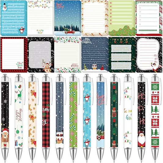 24 Pcs Christmas Sticky Notes with Pens Xmas Gifts Self Adhesive Notepad Cute Memo Notes Pads Black Ink Ballpoint Pen Holiday Office School Students Teacher