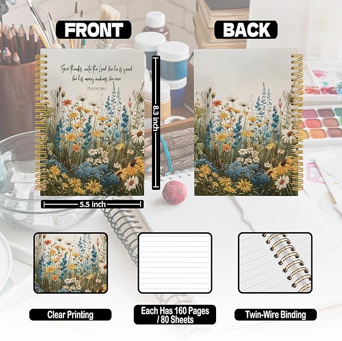 XPH Floral Christian Spiral Notebook, Bible Verse Psalm 136:1 Journaling Notebooks for Note Taking, Religious Hardcover Journal for Writing 160 Pages 5.5 x 8.3 Inch, Christian Gifts for Women