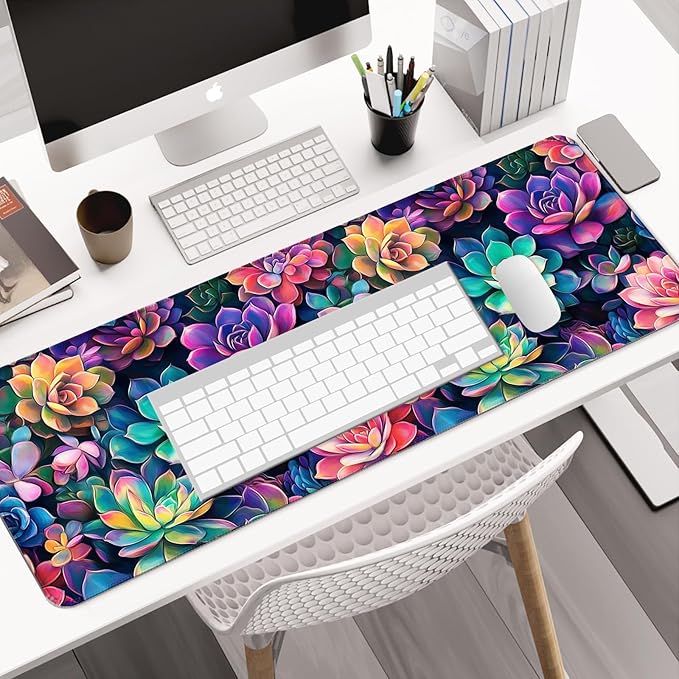 Colourful Succulent Plants Gaming Desk Mat, Extended Large Nature Aesthetic Mouse Pad, Computer Keyboard Laptop Mousepad for Work, Office and Home, XL
