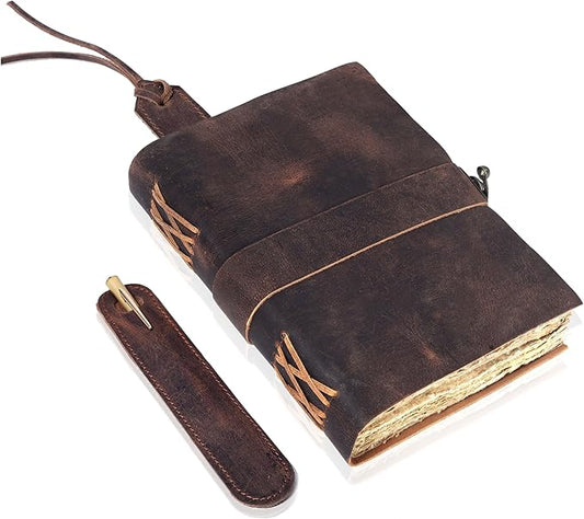 HLC Leather Journal, 200 Pages of Antique Deckle Edges Handmade Paper Vintage Journals for Men & Women, Vintage Lock Closure Rustic Brown Leather Gifts with Pen Holder (6" X 4" inches)