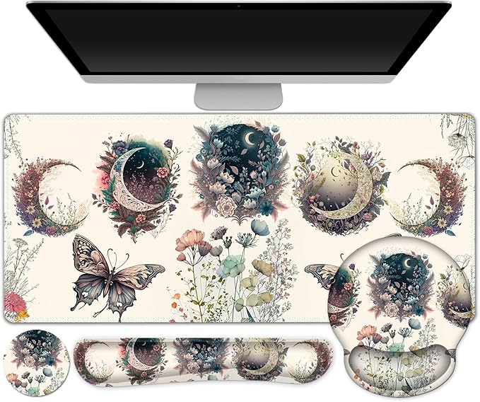 Large Desk Mat, Cute Boho Plants Mouse Pad, Apricot Desk Pad, XXL Mousepad + Keyboard Wrist Rest+Mouse Wrist Rest+Coaster Desk Pad for Girl Women Home Office Decor Aesthetics, Floar Butterfly Moon