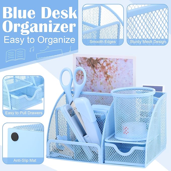 11 in 1 Blue Desk Organizer and Accessories, Blue Desk Accessories Light Blue Office Supplies Include Blue Stapler Blue Tape Dispenser Pen Holder Staple Remover Clips Ruler Scissors Tapes Tabs