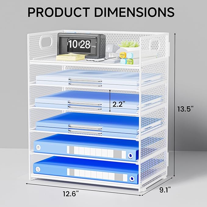 6 Tier Paper Organizer for Desk File Organizer with Handle Mesh Paper Letter Tray Organization for Desktop Document Holder for Office, Home & School-White