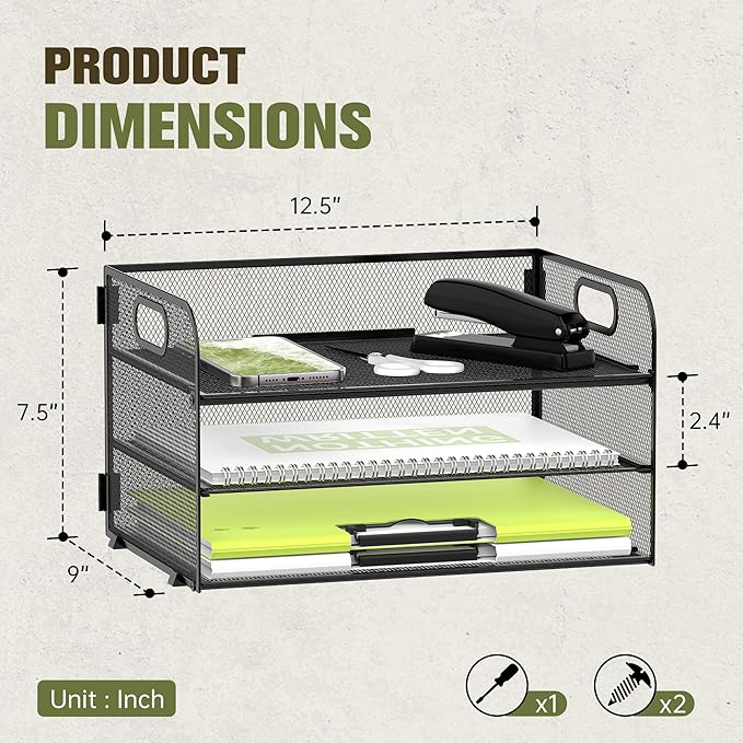 Daltack 3-Tier Paper Organizer with Handle, Mesh Desk Organizer Letter Tray, Paper Tray Organizer File Organizer for A4 File Folder, Black