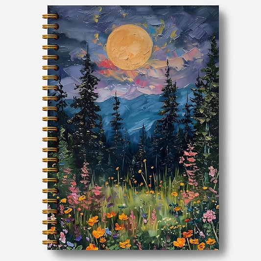 Moon Journal Notebook, Mystical Midnight Full Moon Wildflowers Floral Notebook Journal, Aesthetic Notebook, Journal Notebooks for Note Taking, Spiral Notebook 5.5x8.3 Inch