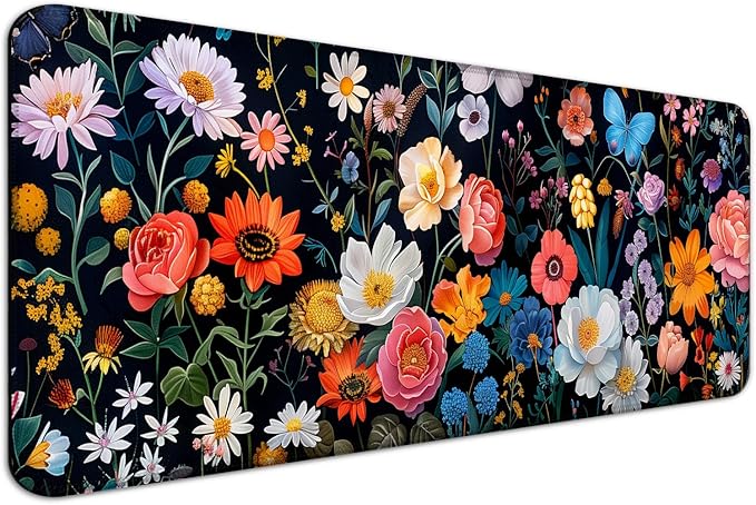 Butterfly Flowers Gaming Mouse Pad, Extended Large Floral Plant Desk Mat, Computer Keyboard Laptop Mousepad for Work, Office and Home, XL