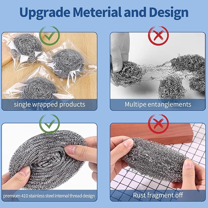 Stainless Steel Scrubber Scrubbing Scouring Pad Sponges Clean Pot Pan and Steel Wool for Kitchen Bathroom (10Pcs Metal Scrubber)