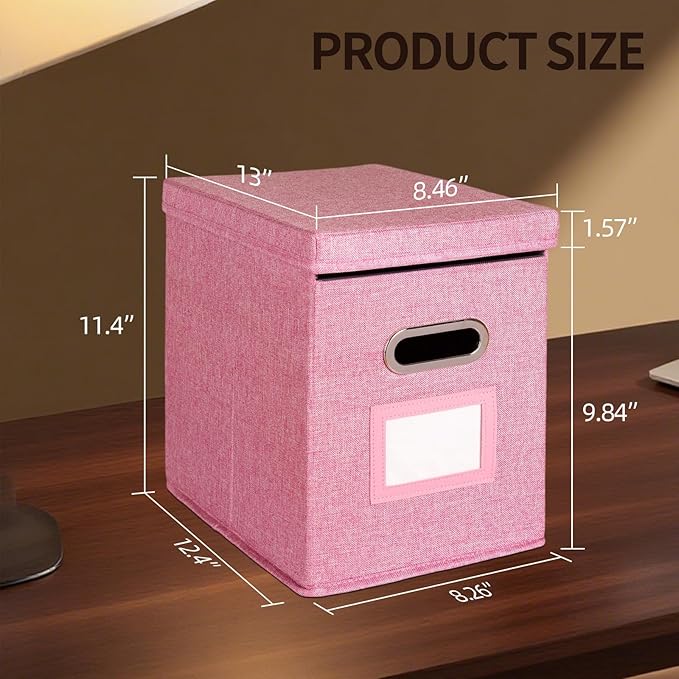 2 Pack Hanging File Folders Organizer with Lid, Letter Size Fabric File Storage Box Collapsible, Portable Office Document Holder with Metal Handle, Smooth PVC Rails, Pink