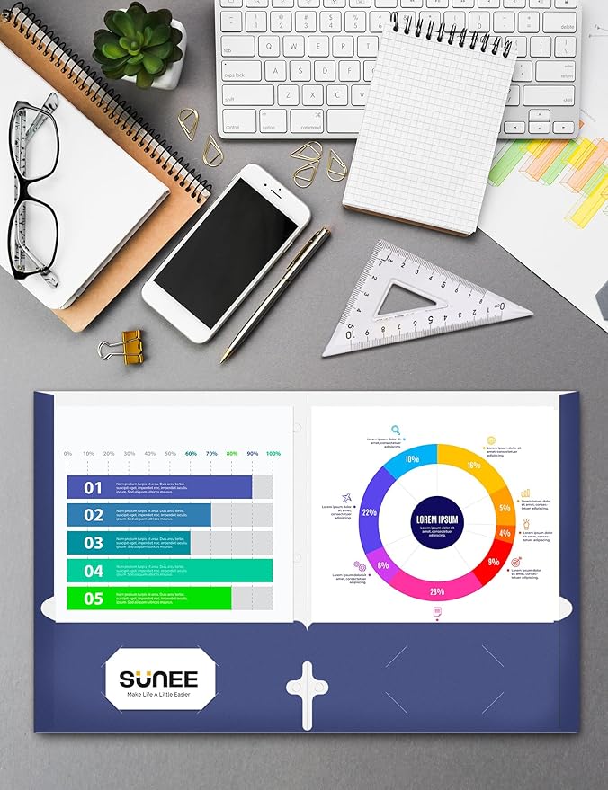 SUNEE Folders with Pockets 3 Hole Punched(50 Pack, Dark Blue), 2 Pocket Folders Fit Letter Size Paper, Paper File Folder for School Office Home Bussiness