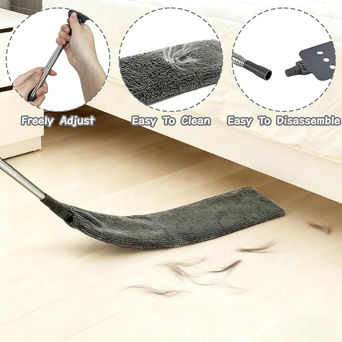 Yuibthr Retractable Gap Dust Cleaner Under Appliance Cleaning Tool with 5 Microfiber Dusting Cloths - Extendable Long Handle Flat Duster for Under Refrigerator Couch Bed Furniture