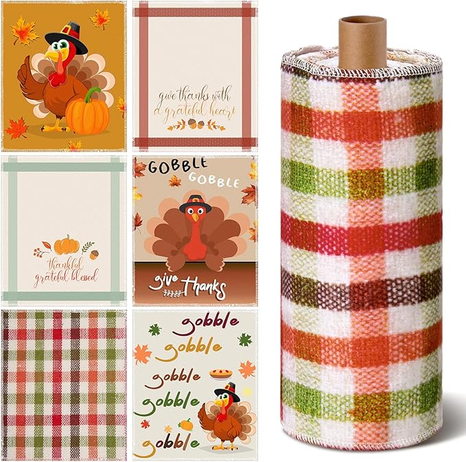 36 Pcs Thanksgiving Reusable Paper Towels Rolls Washable Bulk Thanksgiving Pumpkin Turkey Kitchen Towels Paperless Reusable Cloth Cotton Napkins with Cardboard for Kitchen Bathroom