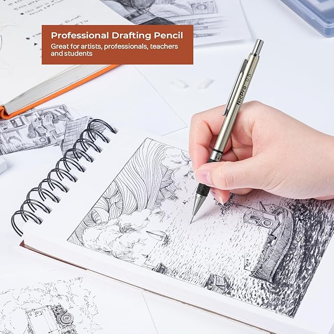 Nicpro RG1000 0.5 mm Art Mechanical Pencil Set in Storage Case, 3 PCS Metal Drafting Pencil Lead Pencil with 6 Tube HB Refills, 3 Erasers, 9 PCS Eraser Refills for Artist Writing, Drawing, Sketching