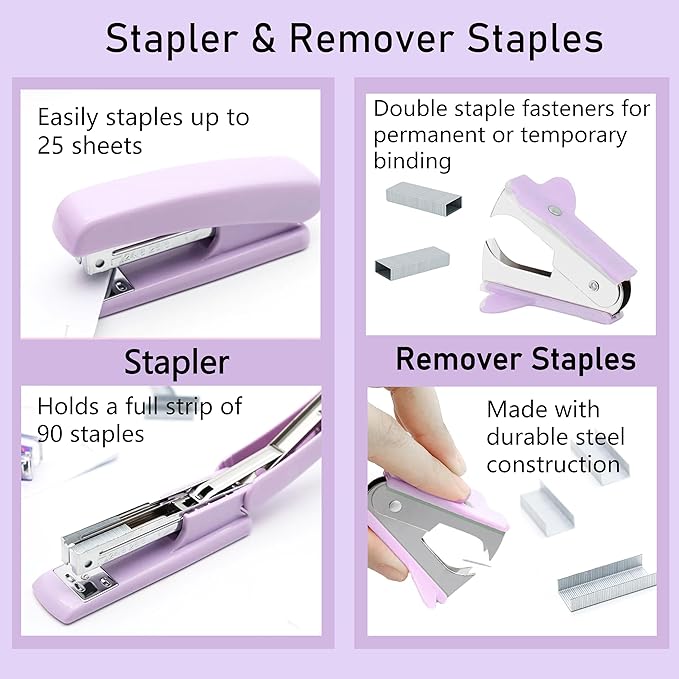 Purple Office Supplies, Purple Desk Accessories, Stapler, Staple Remover, Tape Holder, Pen Holder, Ballpoint Pen, Scissor, Binder Clips, 1000 Staples, Phone Holder, Ruler, Transparent Glue and Notes