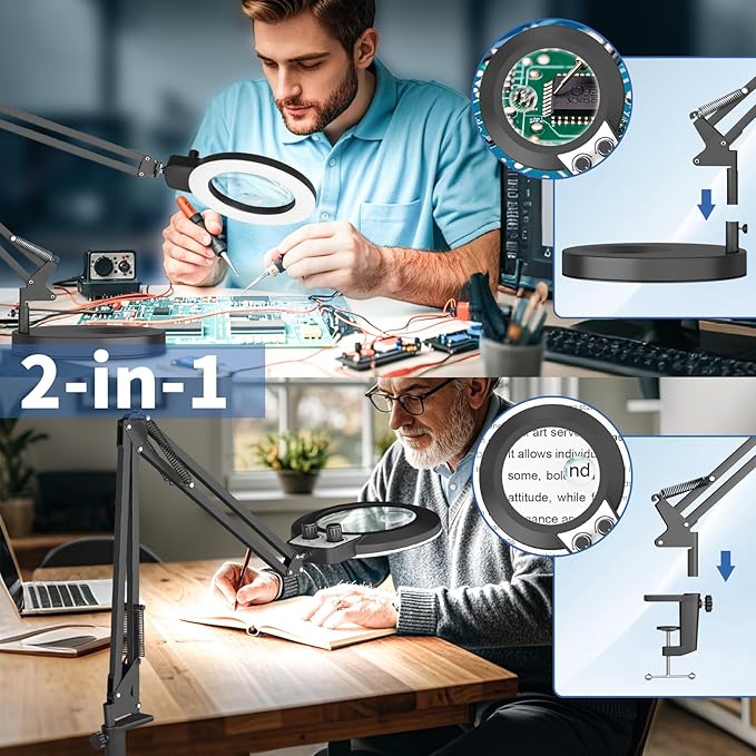 12X & 30X Magnifying Glass with Light, New Upgrade Infinite Color and Brightness Desk Lamp & Clamp, 2-in-1 LED Lighted Magnifier Stand for Craft Reading Hobby Soldering Puzzle Close Work- Black