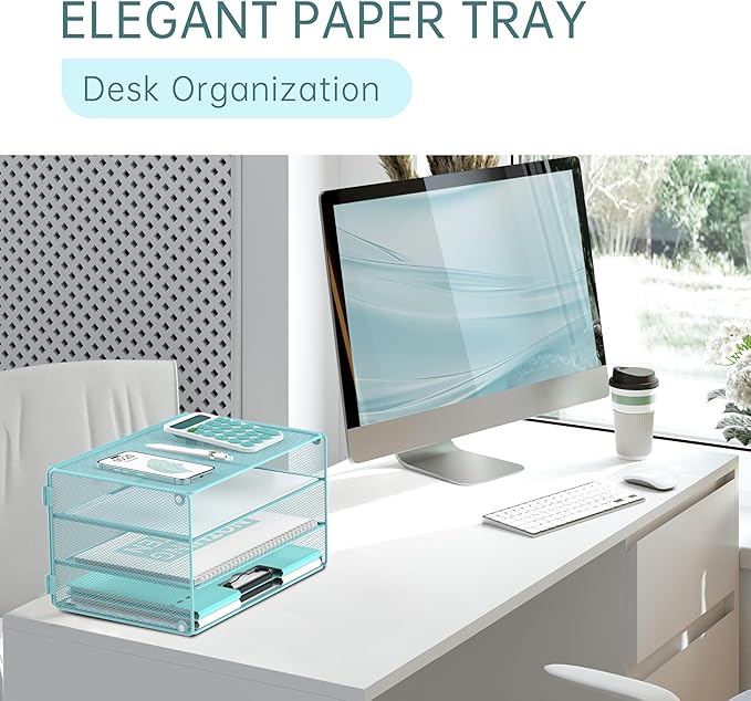 DALTACK 3 Tier Letter Tray Paper Organizer Mesh Metal Desk File Organizer for Home & Office, Light Blue