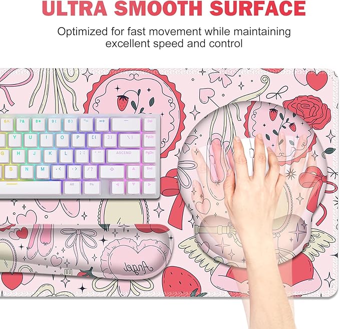 Gaming Mouse Pad, Large Desk Mat, Cute Desk Pad Protector, 4in1 XXL Mousepad + Keyboard Wrist Rest+Mouse Wrist Rest+Coaster Set with Ergonomic Desk Pad for Home Office Computer, Adorable Rose Bow