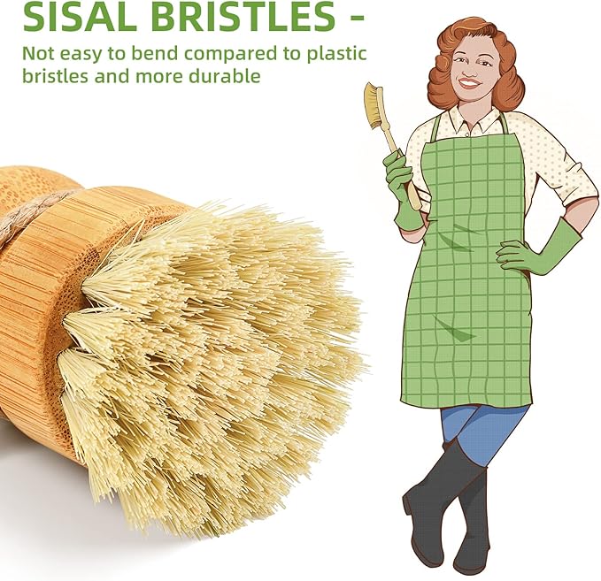 SUBEKYU Bamboo Dish Scrub Brush for Kitchen Sink, Natural Wooden Washing Dish Brush Scrubber with Sisal Bristles for Household Cleaning, Cast Iron Pots, Pans and Vegetables